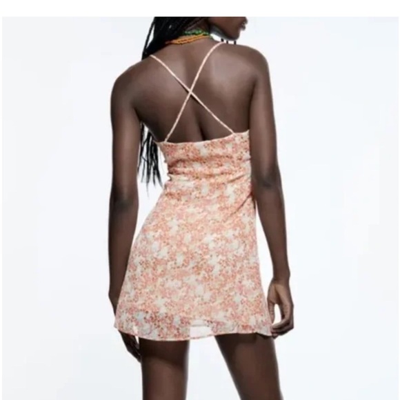Zara Floral Print Lined Mini Slip Dress | Size M Peach Pink Summer Sundress - Picture 7 of 16